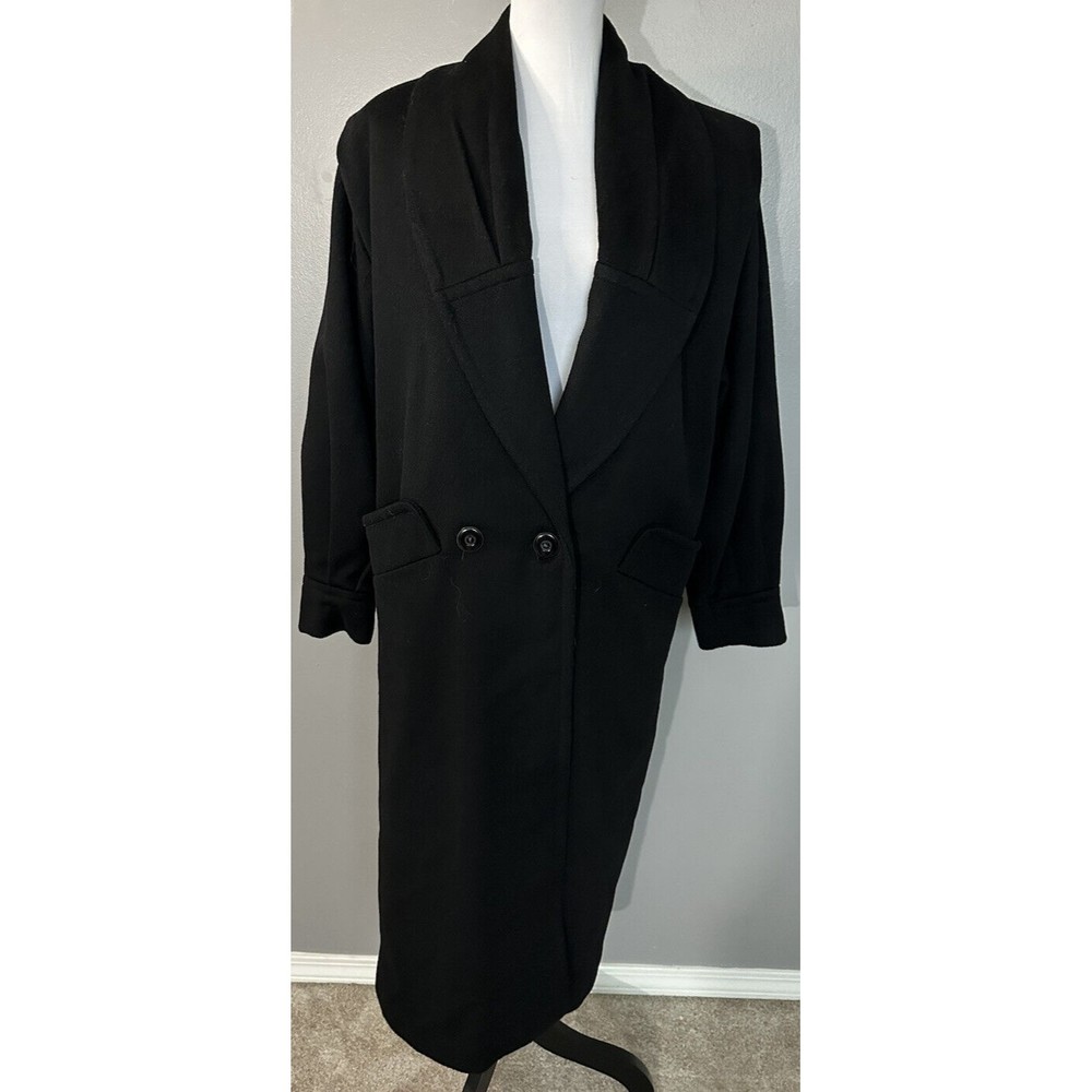 CAROL HORN VTG 100% Wool Black OverCoat Shawl Collar Lined Long Jacket Sz 10 EUC